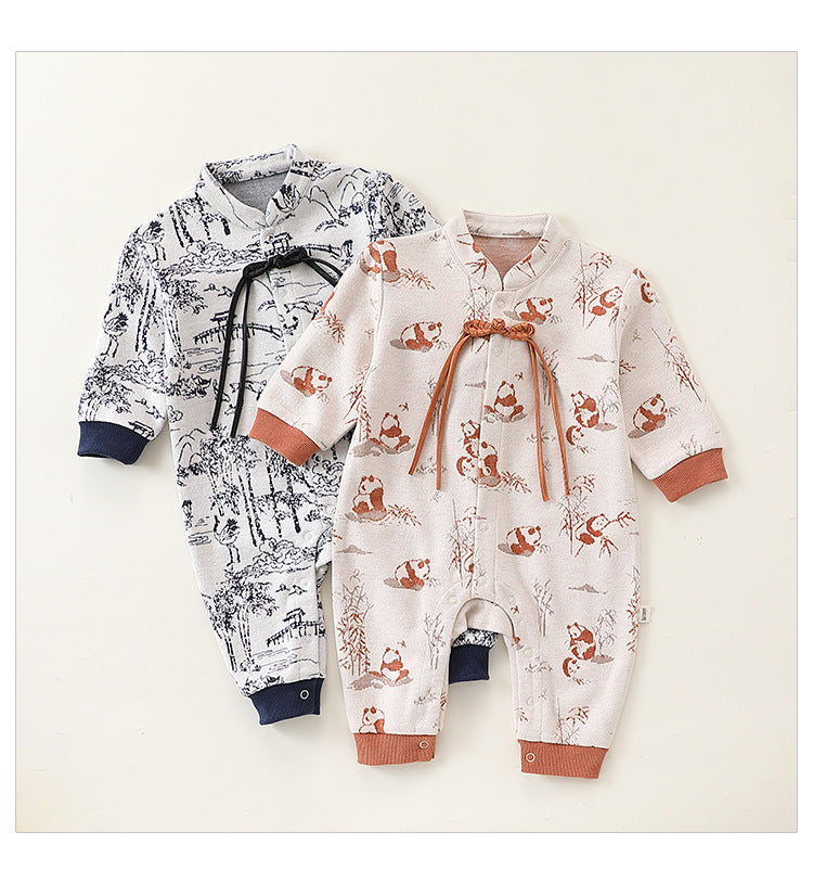 Autumn and Spring Arrival Baby Unisex Chinese Painting Pattern Long Sleeves Stand Collar Single Breasted Rompers-0